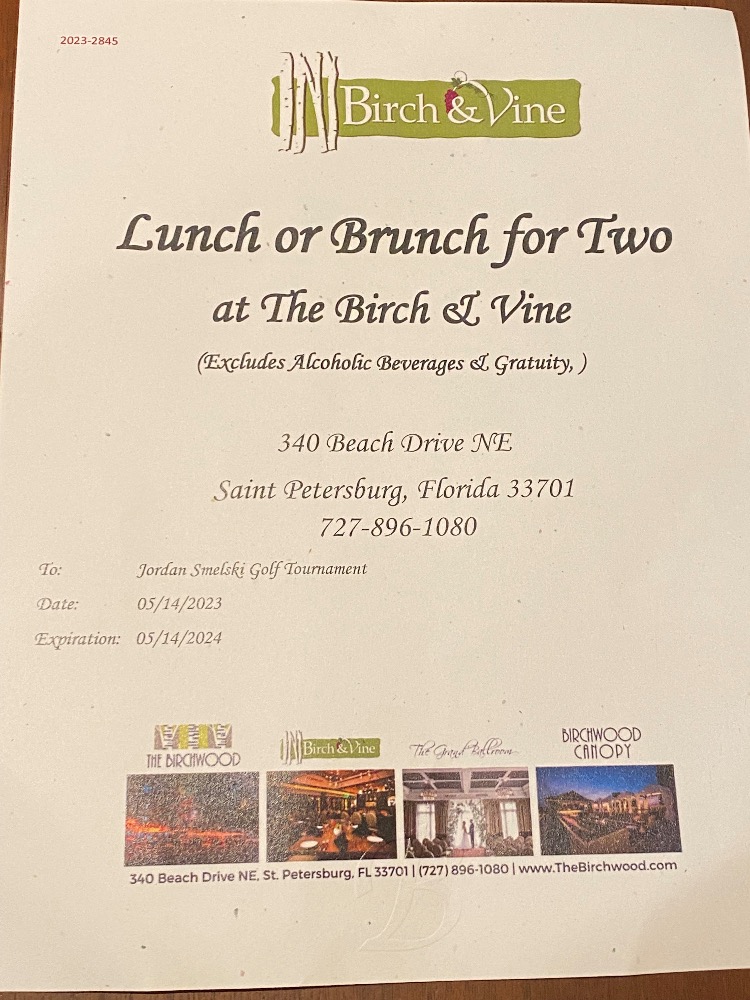 5. Birch & Vine Restaurant, St. Petersburg, FL. Lunch or Brunch for 2 - $125 value. Excludes Alcoholic Beverages & Gratuity.