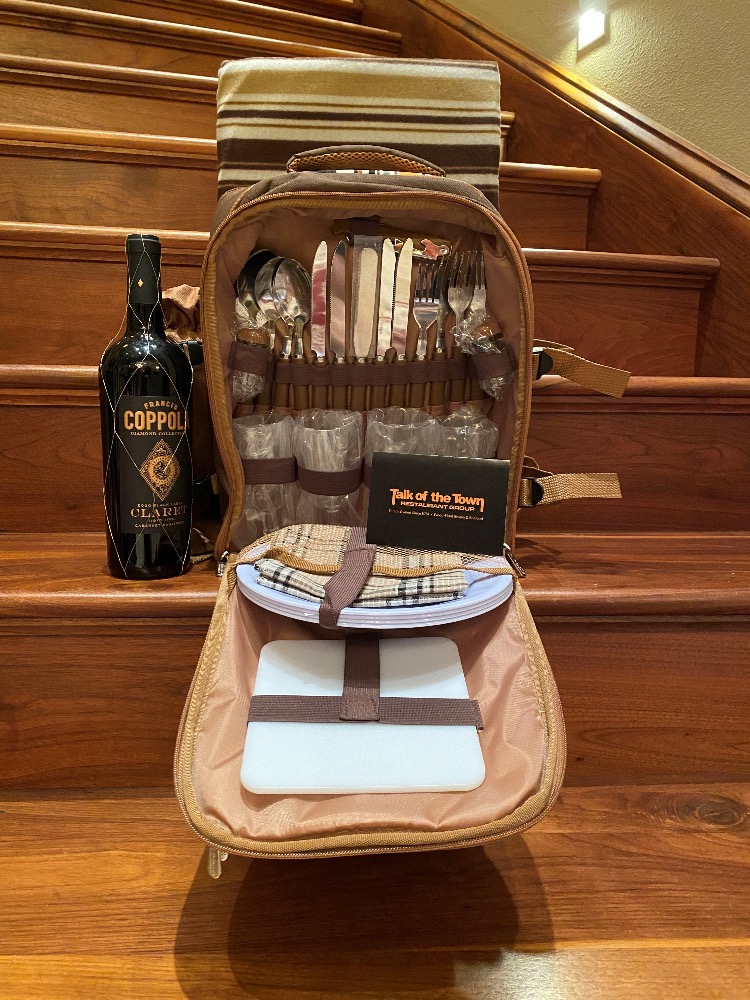 Fishbones Restaurant Gift Certificate $150 with Backpack Picnic Basket Set and Bottle of Coppola Wine $220 value.