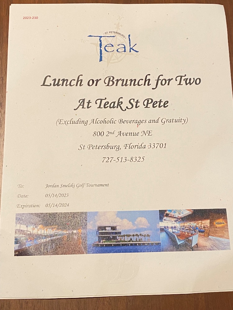 Teak Restaurant, St. Pete, FL – Lunch or Brunch for 2 Excludes Alcoholic Beverages & Gratuity $125 value.